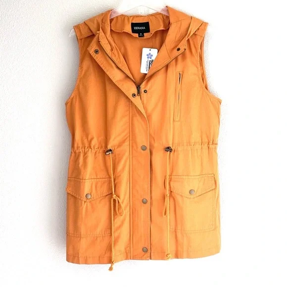 NWT Zenana Outfitters Women's Bright Orange Hooded Utility Vest - Picture 2 of 3